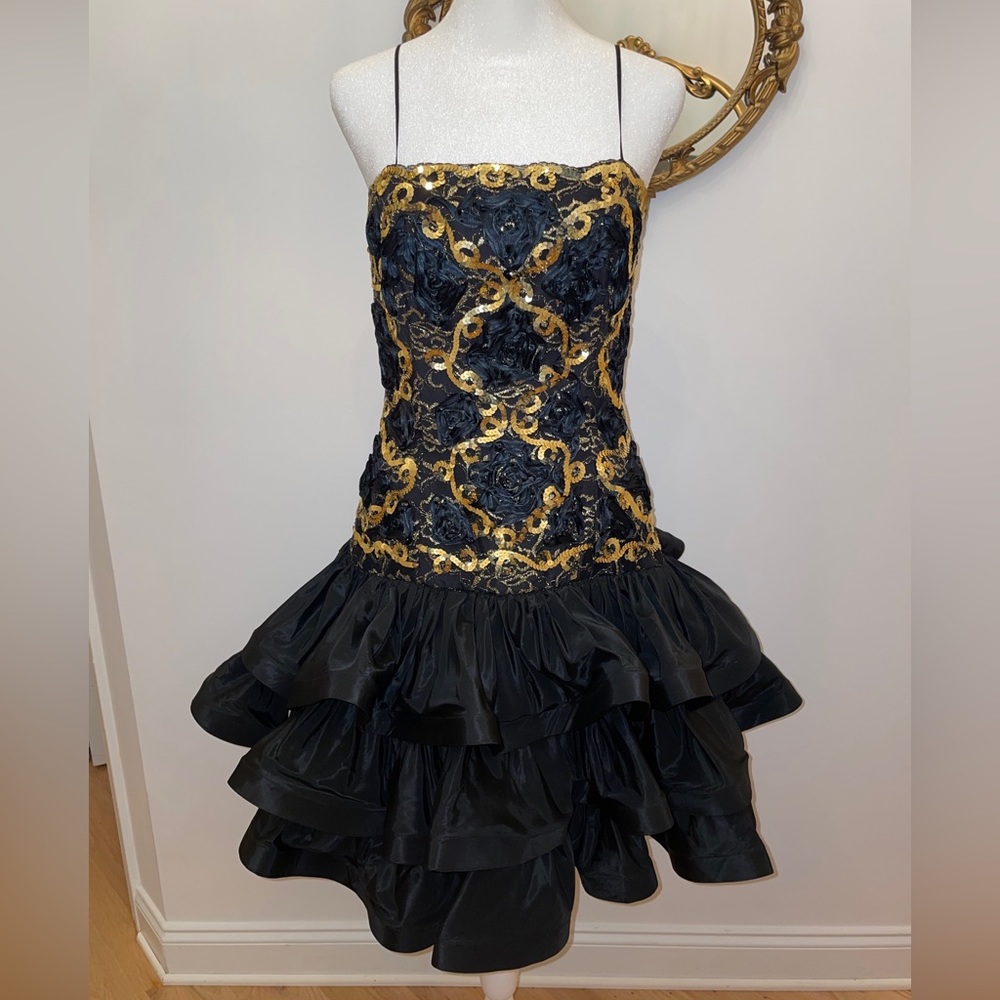 Vintage After Five by Julie Duroche Black Sequin Black Dress 1980' 90s Size 10